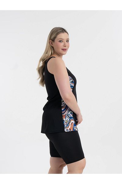 AQUAVİVA Aquaviva Women's Black Blue Orange Pattern Plus Size Tankini with Shorts