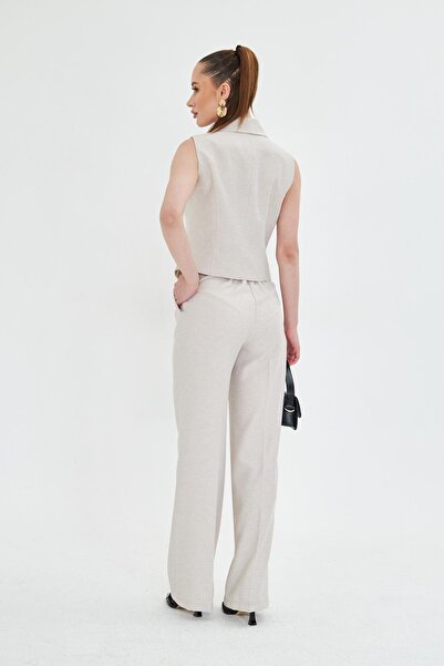 LOVELF Gold Düğmeli Kısa Yelek Takım Bej