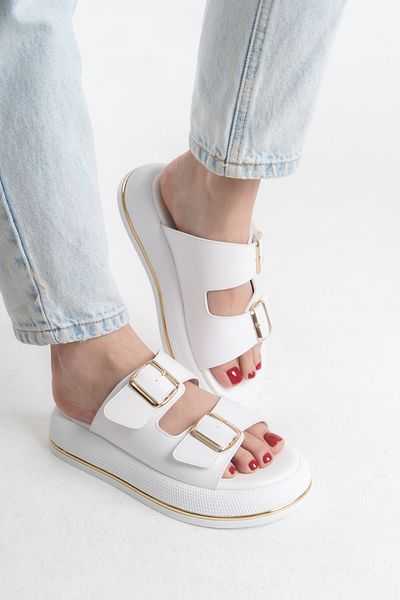 MARSEDO Women's Daily Double Banded Buckle Poly Light Sole Slippers Leila