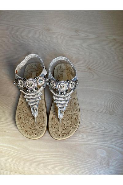 GÜLERSHOES Soft Evalı Diamond Detailed Stitched Stone Silver Women's Sandals