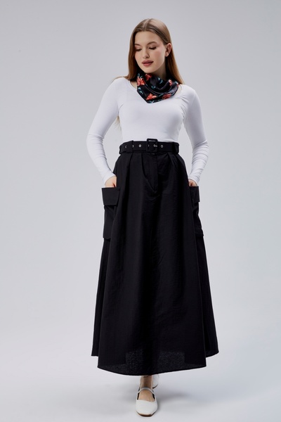 Wissi Life Women's Black Pleated Double Pocket Belted Front Zippered Long Skirt