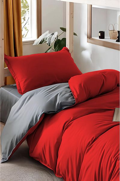 Always Double Sided Single Duvet Cover Set with Elastic Sheets Red - Gray