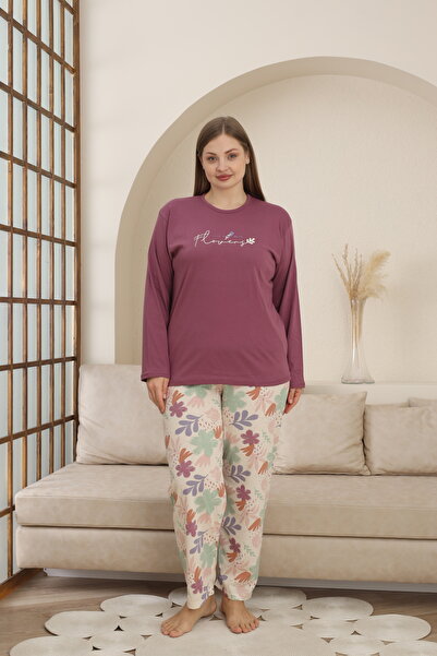 Alcteks Yumuşacık Dokunuş: %100 Pamuk Büyük Beden Pijama – Mor, Uzun Kollu, Çiçek Desenli