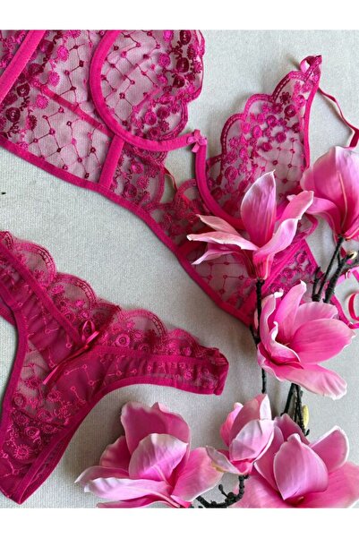 Delar Luxury Fuchsia Lace Bustier Lingerie Set