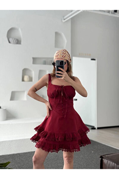 Modayakamoz Fırfırlı Askılı Mini Elbise - Bordo