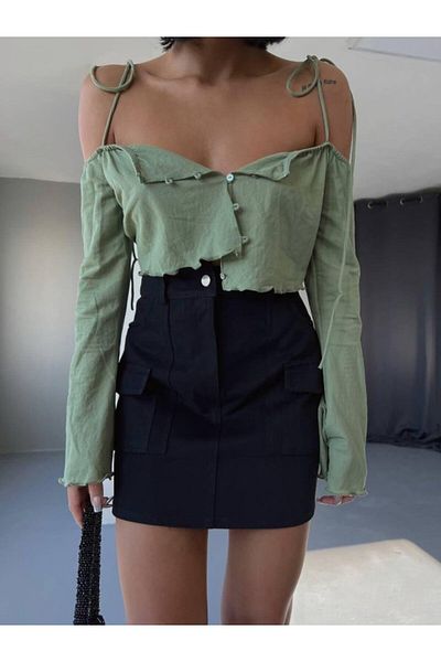 COTTONLAB Gabardin Short Skirt with Pocket Detail - Black