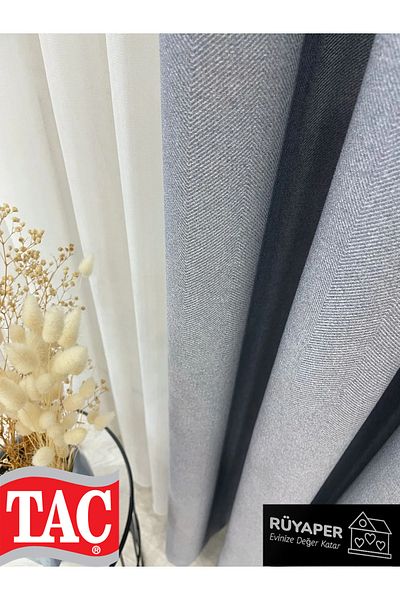 Taç Dreamer Blue Gray Color - Linen 1/3 Sik Pleat Background Curtain