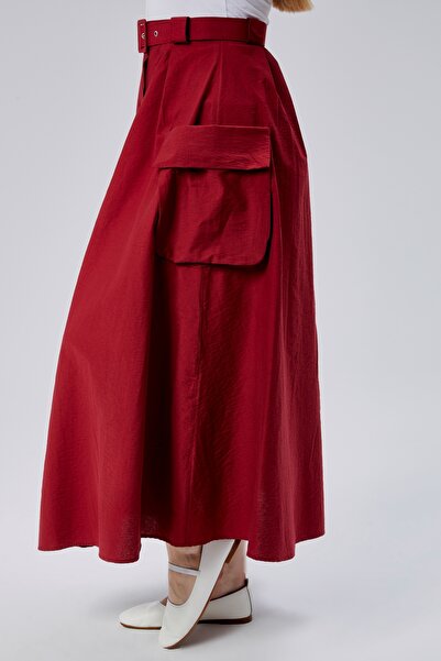Wissi Life Women's Burgundy Pleated Double Pocket Front Zippered Long Skirt with Belt