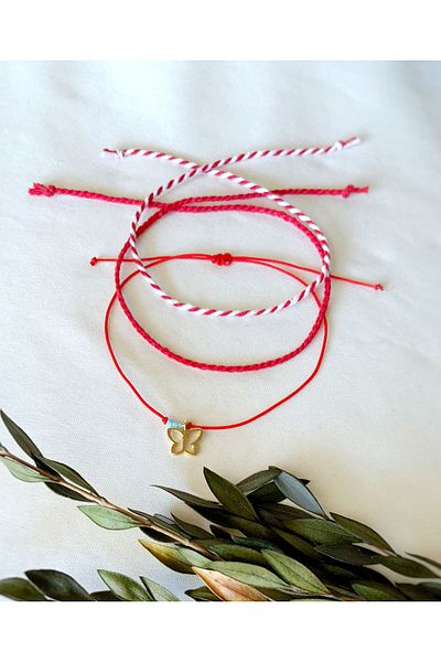 Atölye Merdiven Women's Red 3-Piece Mink Butterfly Detailed Anklet Set