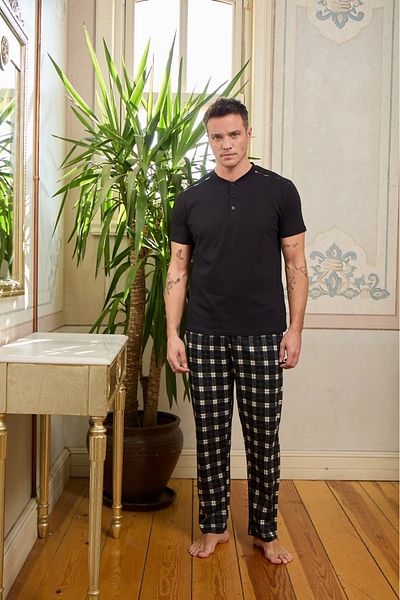 Pijamoni Combed Cotton Fabric Men's Black Pajama Set - 6860