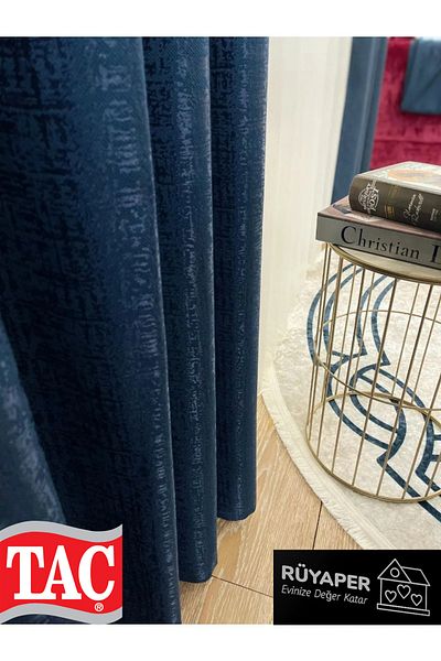 Taç Dreamper Jacquard Floor Self Patterned 1/3 Dense Pleat Background Curtain - Navy Blue