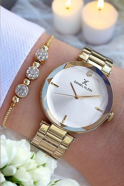 Daniel Klein Cutout Glass Steel Bracelet Gold Yellow Metallic Dial Women's Wristwatch - Zircon Stone Bracelet Gift