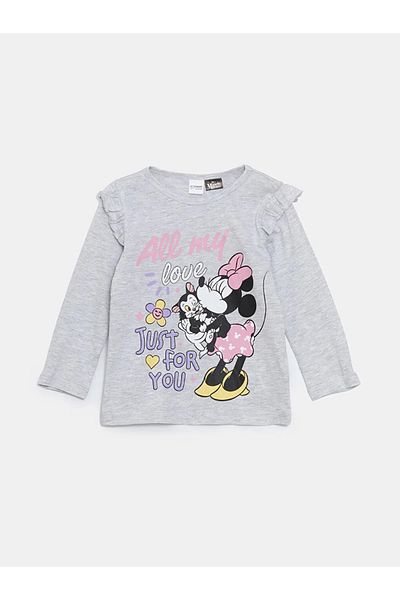 LC Waikiki Gray Crew Neck Minnie Mouse Printed Girls' Pajama Set