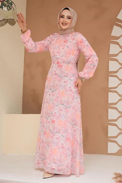 Neva Style Floral Patterned Powder Hijab Dress 279904 Pd