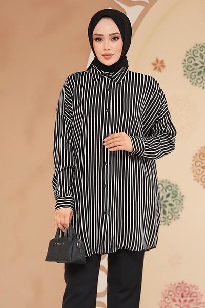 Neva Style Striped Black Hijab Tunic 20417S