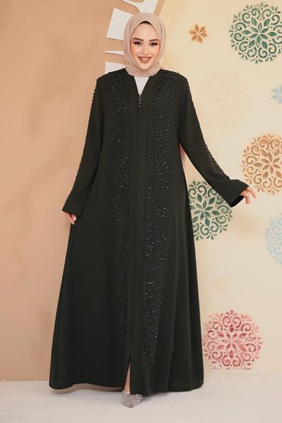 Neva Style Beaded Khaki Hijab Ferace 29127Hk