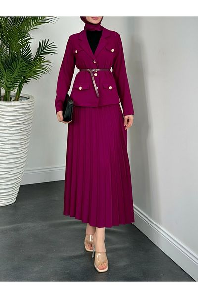 Modamorfo Skirt Pleated Belted Buttoned Jacket Suit -Purple