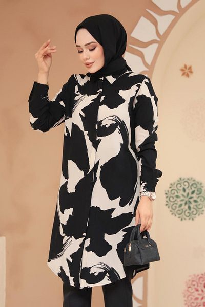 Neva Style Patterned Black Hijab Tunic Model No: 11728S