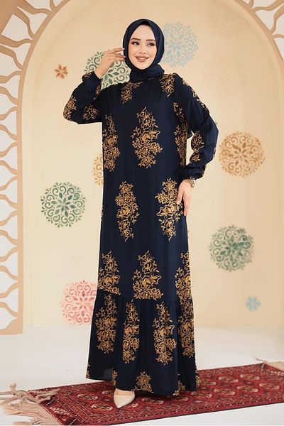 Neva Style Patterned Navy Blue Hijab Dress 15731L