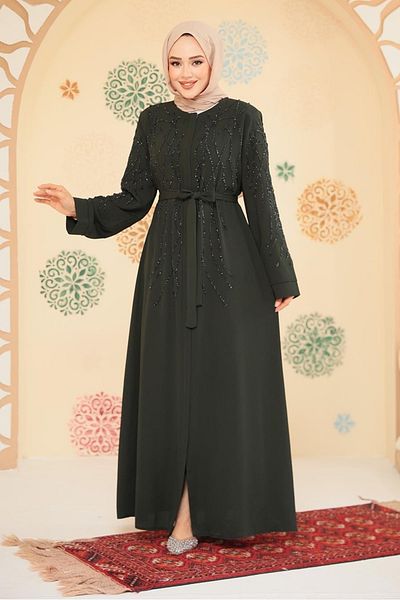Neva Style Beaded Khaki Hijab Ferace 29102Hk