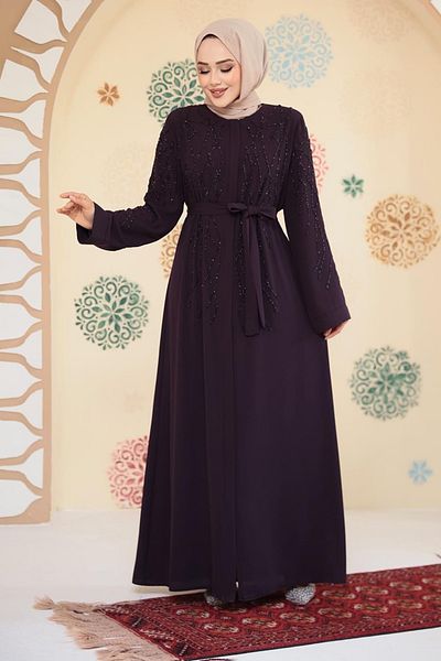 Neva Style Beaded Plum Hijab Ferace 29102Mu
