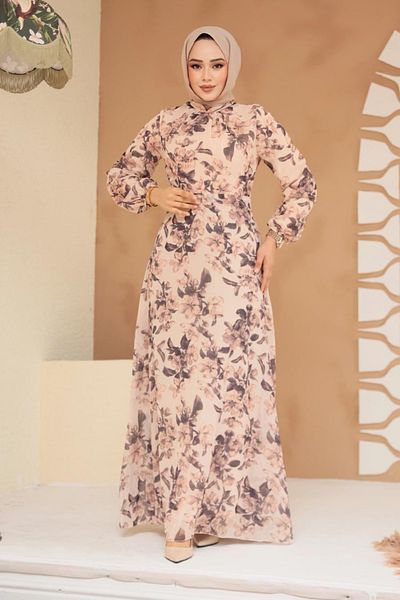 Neva Style Beige Hijab Dress Thin Resistant to Liyler Flower Pattern