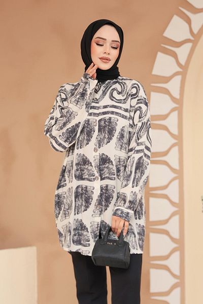 Neva Style تونيك حجاب أسود - منقوش 20409S