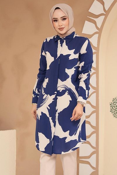 Neva Style Patterned Navy Blue Hijab Viscose Tunic 11728L
