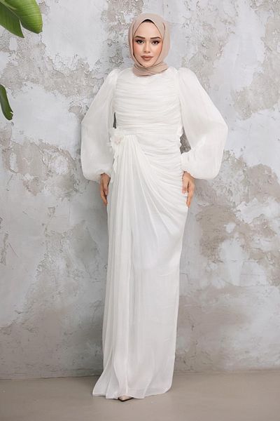 Neva Style Hijab Evening Dress - White Hijab Evening Dress with Drape Detail 51203B
