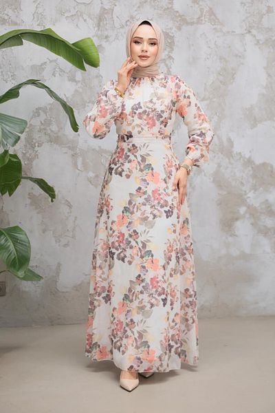 Neva Style Floral Patterned Cream Hijab Dress 279902 Kr
