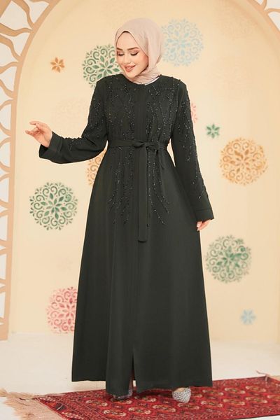 Neva Style Beaded Khaki Hijab Ferace 29102Hk