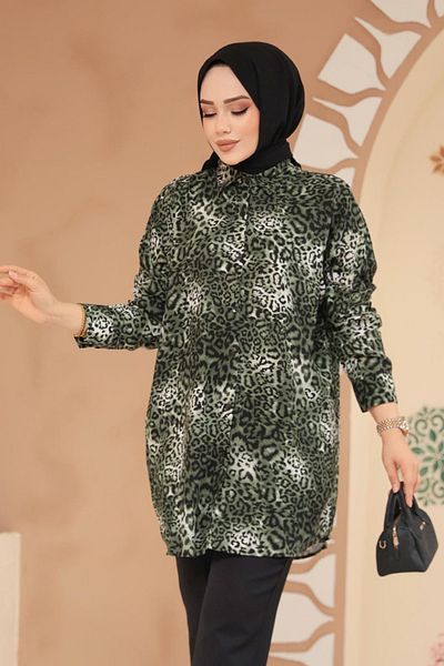 Neva Style Leopard Patterned Khaki Hijab Tunic 20418Hk