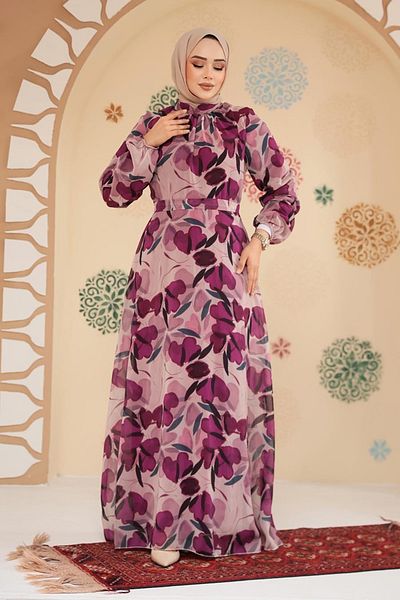 Neva Style Floral Patterned Plum Hijab Dress 279901 Mu