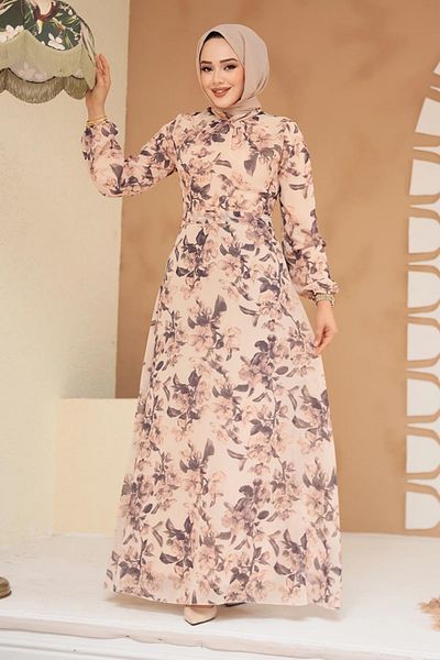 Neva Style Beige Hijab Dress Thin Resistant to Liyler Flower Pattern