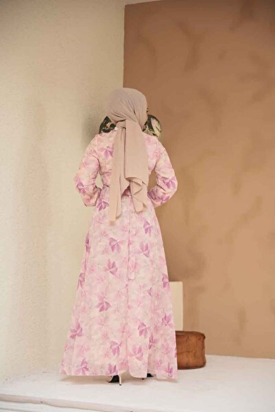 Neva Style Floral Patterned Dusty Rose Hijab Dress 279919 Gk
