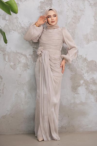 Neva Style Drape Detailed Mink Hijab Evening Dress 51203V