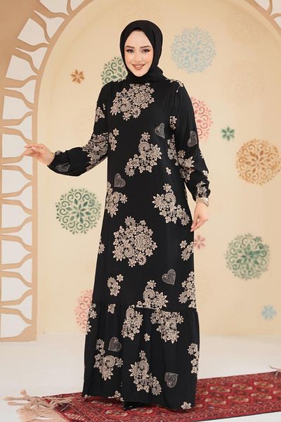 Neva Style Patterned Black Hijab Dress 15732S
