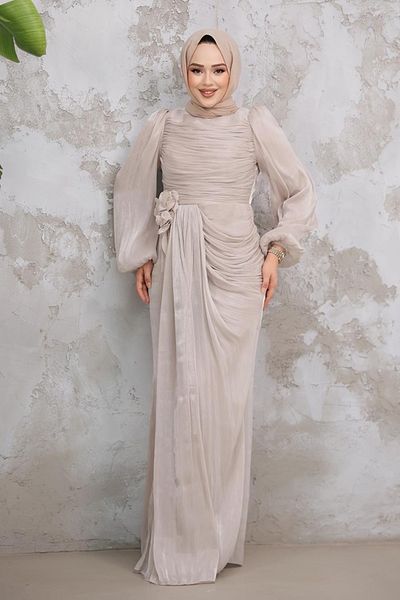 Neva Style Drape Detailed Mink Hijab Evening Dress 51203V