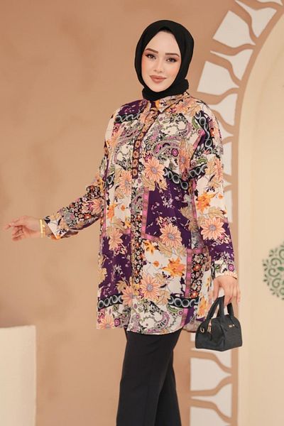 Neva Style Patterned Plum Hijab Tunic 20414Mu