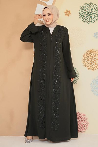 Neva Style Beaded Khaki Hijab Ferace 29127Hk