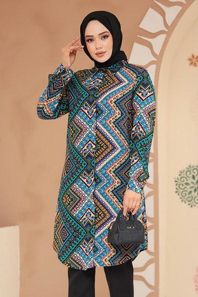 Neva Style Patterned Blue Hijab Viscose Tunic