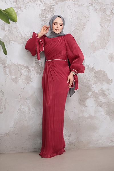 Neva Style Drape Detailed Burgundy Hijab Evening Dress 50193Br