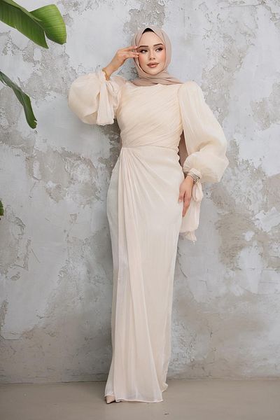 Neva Style Beige Hijab Evening Dress - Drapeосиials티Иti