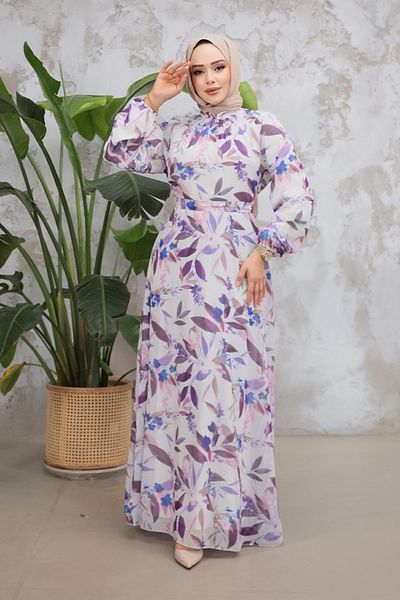Neva Style Floral Patterned Lilac Hijab Dress 279913 Lila