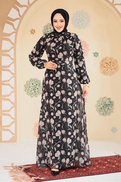 Neva Style Floral Patterned Black Hijab Dress 279909 S