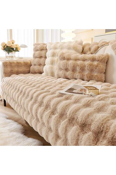 Comfy Soft And Comfortable Faux Fur Khaki 3Pc 210x90Cm Sofa Cover/Topper