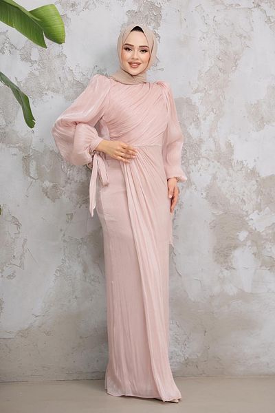 Neva Style Rochie de seară hijab pudră cu detaliu drapat 50193pd
