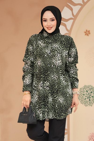 Neva Style Leopard Patterned Khaki Hijab Tunic 20418Hk