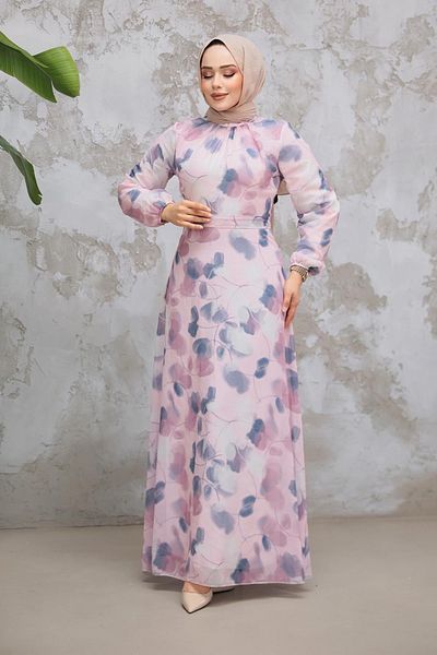 Neva Style Floral Patterned Powder Hijab Dress 279916 Pd