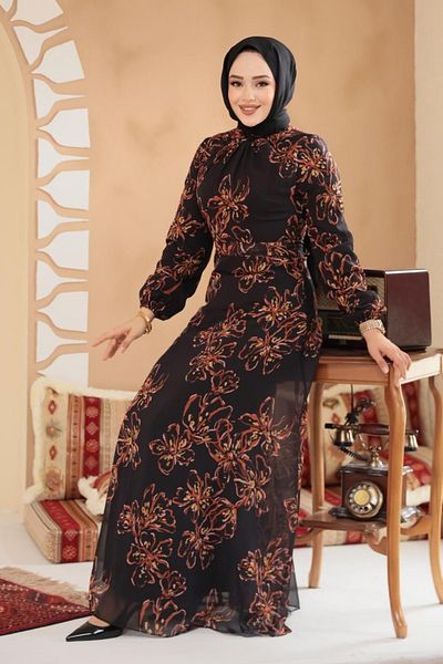 Neva Style Floral Patterned Black Hijab Dress 279911 S